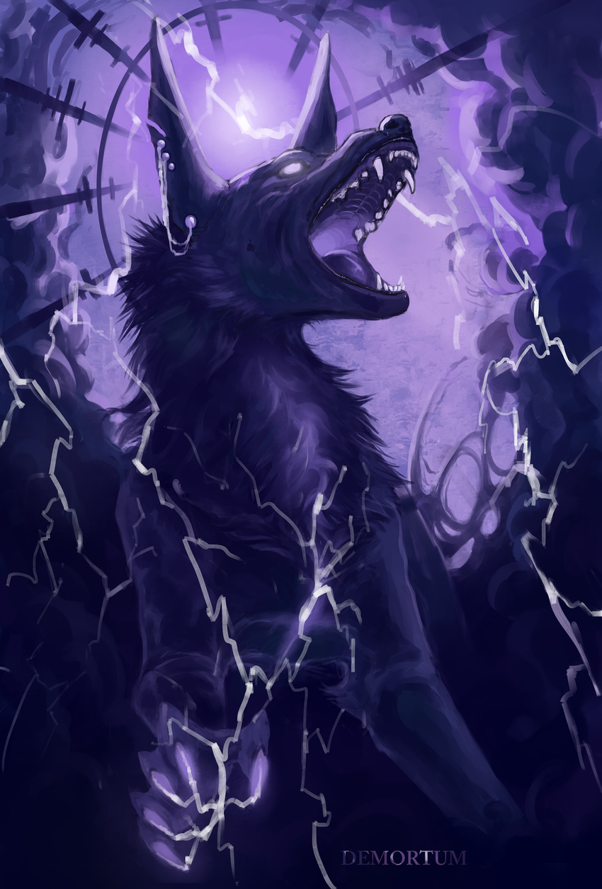 black_lips canine demortum digital_media_(artwork) ear_piercing feral fur mammal open_mouth piercing purple_fur purple_theme solo teeth tongue