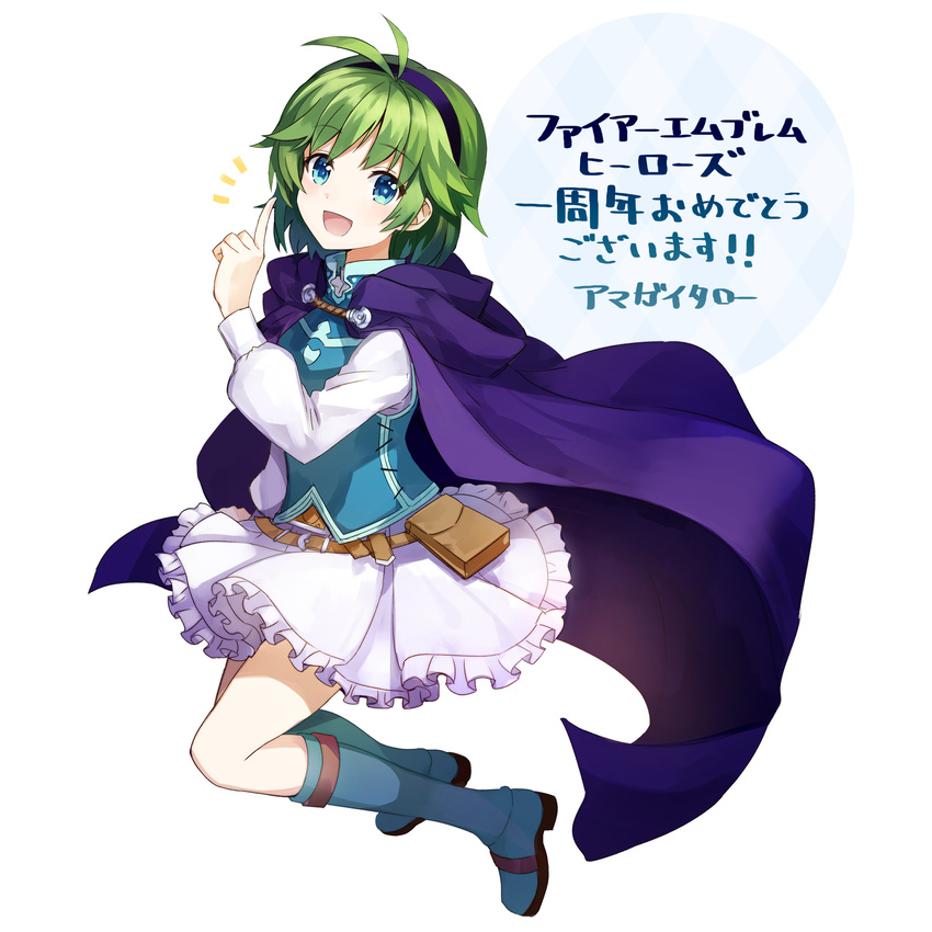 absurdres amagai_tarou blue_eyes boots cape fire_emblem fire_emblem_heroes green_hair headband highres nino_(fire_emblem) skirt translated