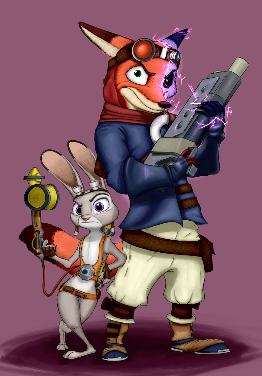2016 anthro canine clothed clothing crossed_legs crossover dipstick_ears dipstick_tail disney duo eyewear female fingerless_gloves fox frown fur gloves goggles green_eyes gun harness hi_res holding_object holding_weapon jak_and_daxter judy_hopps lagomorph looking_at_viewer male mammal multicolored_tail nick_wilde ookamiden_(artist) purple_eyes rabbit ranged_weapon red_background rifle simple_background size_difference standing transformation video_games weapon white_fur zootopia