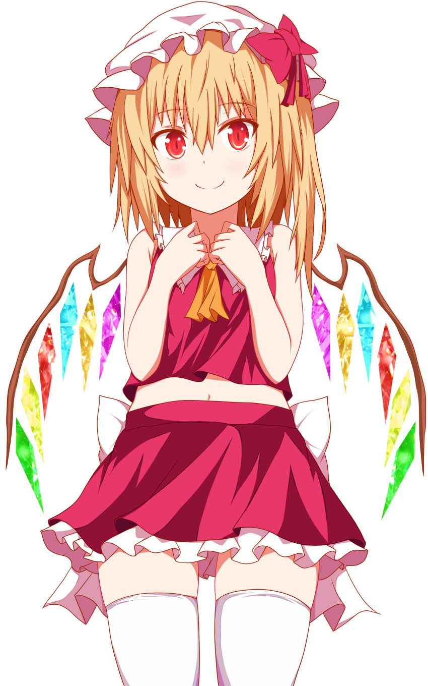 1girl absurdres armpit_crease back_bow bangs bare_arms bare_shoulders blonde_hair bow closed_mouth collar cowboy_shot dress flandre_scarlet frilled_collar frilled_skirt frills furagu hair_between_eyes hat hat_bow highres looking_at_viewer medium_hair midriff mob_cap navel one_side_up red_bow red_dress red_eyes simple_background skirt smile solo standing thighhighs touhou white_background white_bow white_collar white_hat white_legwear wings yellow_neckwear zettai_ryouiki