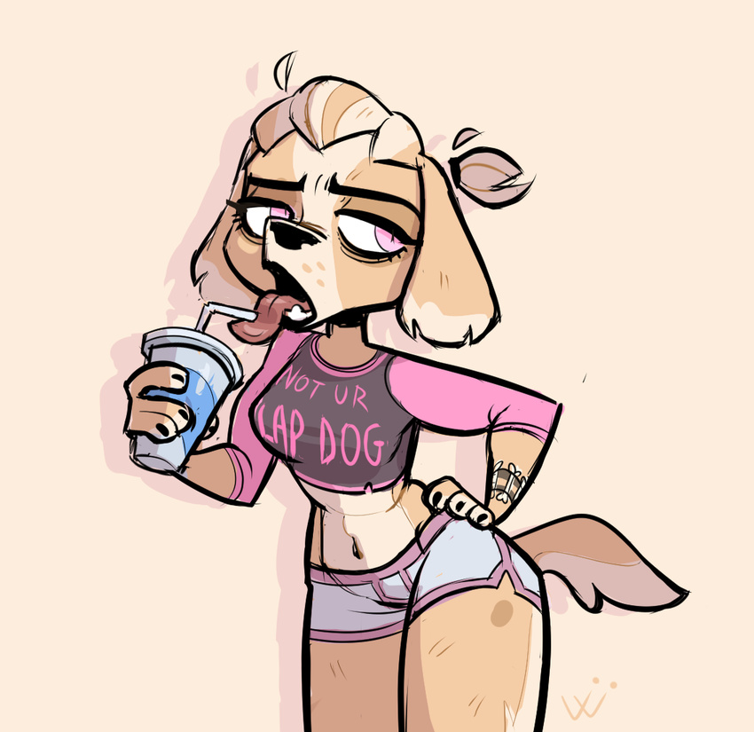 2017 4_fingers anthro beverage breasts canine chowsie_(schmuccubus) clothing digital_media_(artwork) dog english_text female fur hair hand_on_hip hi_res looking_aside mammal midriff multicolored_fur navel pose purple_eyes schmuccubus short_hair shorts simple_background solo text tongue tongue_out two_tone_fur white_fur