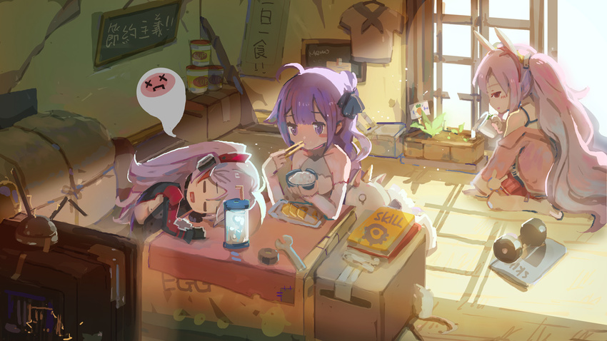 animal_ears azur_lane bangs black_ribbon blush blush_stickers book bowl breasts bunny_ears camisole chopsticks closed_eyes commentary_request day detached_sleeves dress dumbbell eating electricity eyebrows_visible_through_hair hair_bun hair_ornament hair_ribbon hairband head_rest holding holding_bowl holding_chopsticks indoors jacket laffey_(azur_lane) long_hair long_sleeves medium_breasts mole mole_on_breast multiple_girls no_shoes off_shoulder one_side_up parted_lips pink_jacket pleated_skirt prinz_eugen_(azur_lane) purple_eyes purple_hair red_eyes red_hairband red_skirt ribbon rice shadowsinking shirt shirt_removed short_sleeves side_bun silver_hair sitting skirt sleeveless sleeveless_dress sleeves_past_wrists sunlight television thighhighs translation_request twintails unicorn_(azur_lane) very_long_hair wariza water watering white_camisole white_dress white_legwear white_shirt wrench x_x