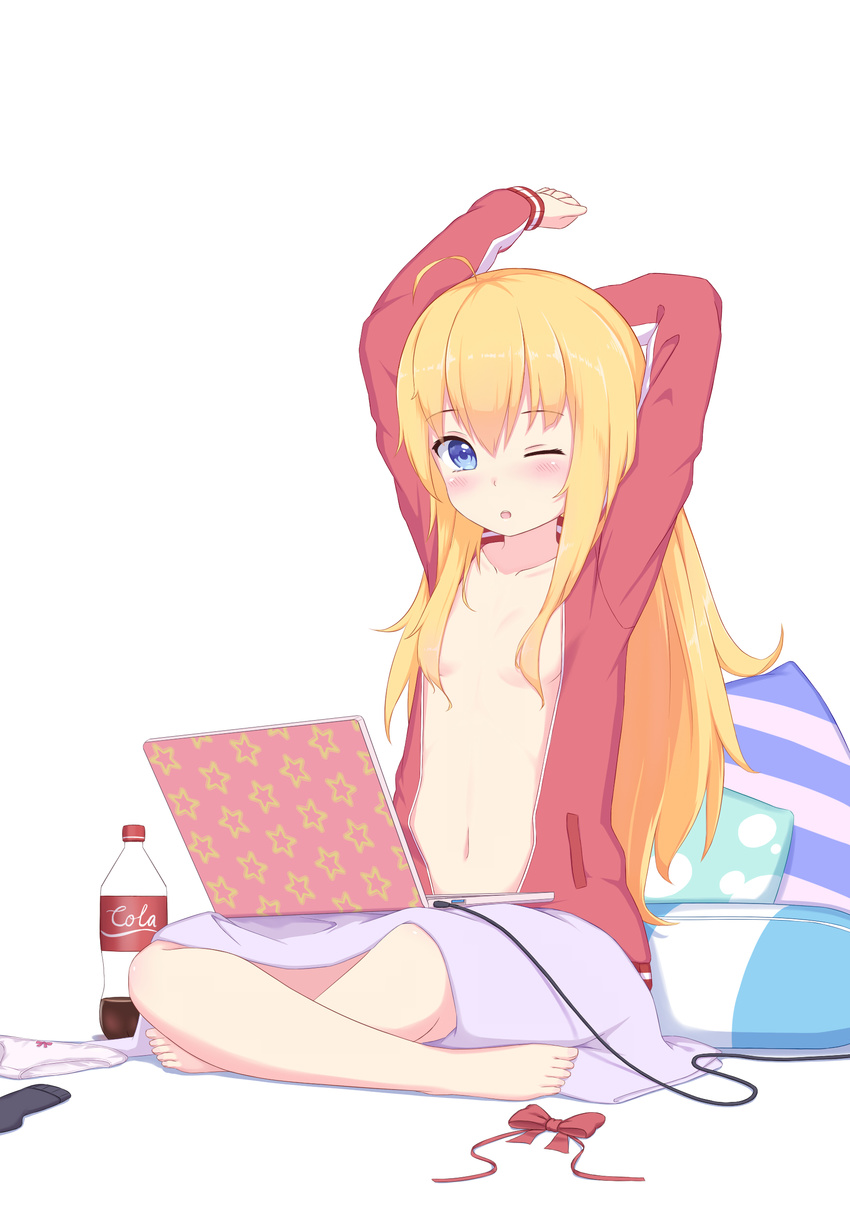 ;o absurdres abwan ahoge arms_up bangs barefoot black_legwear blanket blonde_hair blue_eyes blush bottle bottomless bow bow_panties bowtie bowtie_removed breasts cola collarbone commentary_request computer crossed_legs eyebrows_visible_through_hair full_body gabriel_dropout hair_between_eyes hair_censor hair_over_breasts highres jacket laptop long_hair looking_at_viewer naked_track_jacket navel on_lap one_eye_closed open_clothes open_jacket panties panties_removed pillow pink_jacket red_neckwear simple_background sitting small_breasts socks socks_removed solo stretch tenma_gabriel_white toenails track_jacket underwear upper_teeth very_long_hair white_background white_panties