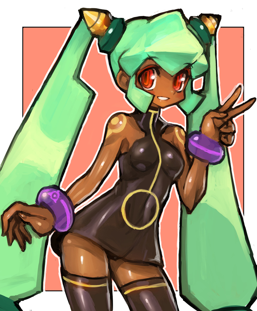 absurdres armpits bare_arms bare_shoulders black_legwear border bracelet breasts capcom commentary_request cowboy_shot dakusuta dark_skin dress eyebrows_visible_through_hair green_hair hand_gesture highres jewelry legs_apart looking_to_the_side red_eyes rockman rockman_dash short_dress sidelocks simple_background solo thighhighs twintails v yuna_(rockman_dash) zettai_ryouiki