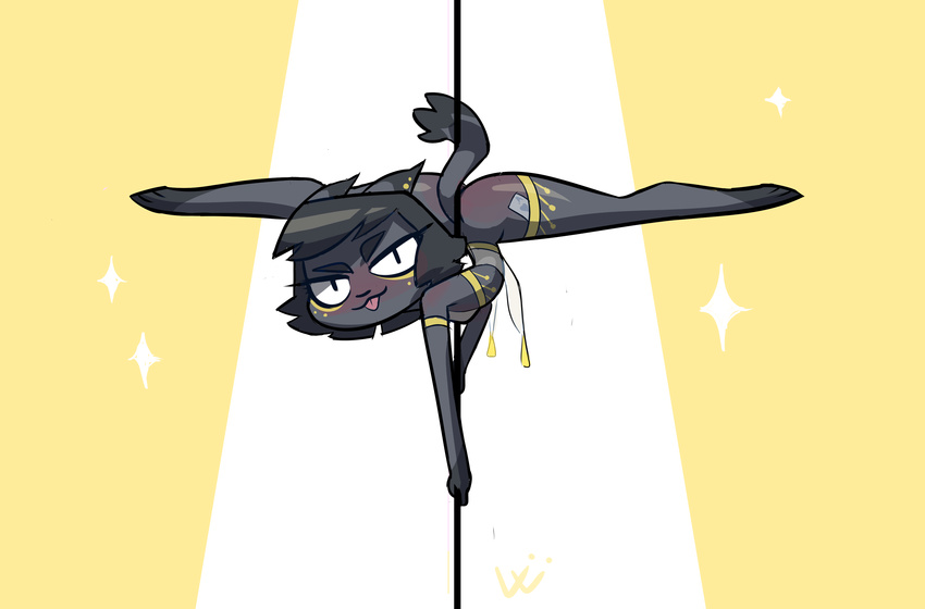 2017 anthro black_fur black_hair breasts cat dancing digital_media_(artwork) ecaflip feline female fur hair kijiji_(schmuccubus) looking_at_viewer mammal pole pole_dancing schmuccubus simple_background slit_pupils small_breasts smile spread_legs spreading thing_highs tongue tongue_out