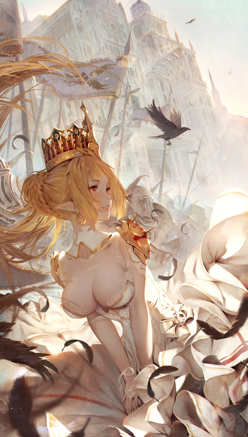 absurdres bangs banner bird blonde_hair blush braid braided_bun breasts castle cleavage cleavage_cutout commentary_request crow crown dress earrings feathers hair_bun helmet highres horned_helmet jewelry knight lance large_breasts long_hair looking_to_the_side original outdoors parted_lips pointy_ears polearm red_eyes revision shoulder_armor smile solo_focus spaulders standing toriumi_harumi tug weapon white_dress
