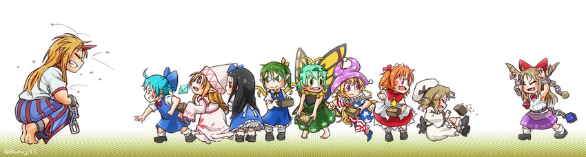 :3 american_flag american_flag_dress american_flag_legwear aqua_hair armpits arms_up bare_arms barefoot beans black_hair blonde_hair bow bowtie brown_eyes butterfly_wings chain chamaji cirno closed_eyes closed_mouth clownpiece commentary_request cuffs daiyousei dress drill_hair eternity_larva eyes fairy fairy_wings falling from_side full_body green_eyes green_hair green_sclera grin hair_bow hair_ribbon hat height_difference highres holding horn horn_ribbon horns hoshiguma_yuugi ibuki_suika jester_cap lily_white long_hair long_skirt long_sleeves looking_at_another luna_child mamemaki masu motion_lines multiple_girls neck_ruff o_o oni open_mouth orange_hair pantyhose pointy_ears ponytail print_legwear purple_eyes ribbon setsubun shackles shirt short_dress short_hair short_sleeves skirt sleeveless sleeveless_shirt sleeves_past_wrists smile squatting standing star star_print star_sapphire striped sunny_milk throwing touhou wings