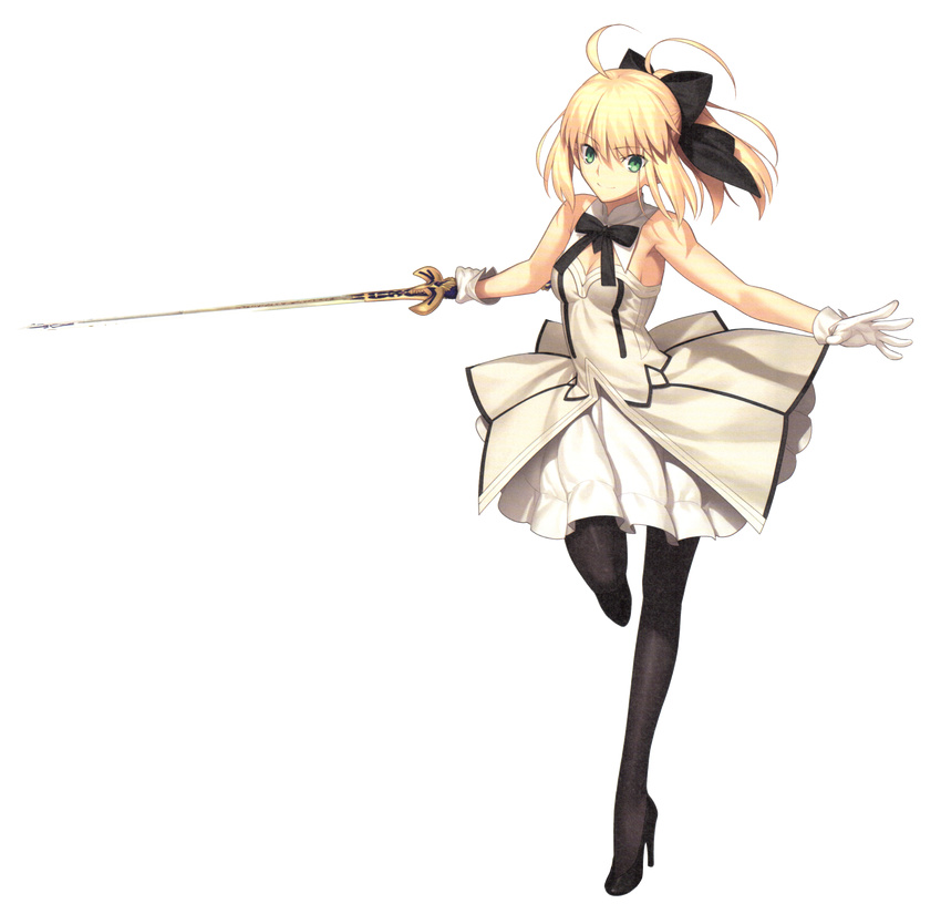 1girl artoria_pendragon_(all) black_ribbon blonde_hair breasts cleavage dress fate/grand_order fate/stay_night fate/unlimited_codes fate_(series) flower green_eyes hair_ribbon holding holding_sword holding_weapon official_art pantyhose ribbon saber saber_lily small_breasts smile solo sword takeuchi_takashi upscaled waifu2x weapon white_dress