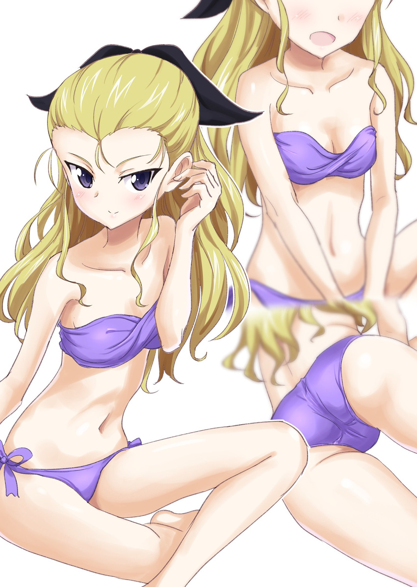 ass assam bikini black_ribbon blonde_hair blue_eyes blurry breasts closed_mouth commentary_request crotch_seam gin'you_haru girls_und_panzer hair_pulled_back hair_ribbon head_out_of_frame highres long_hair looking_at_viewer medium_breasts multiple_views navel open_mouth purple_bikini ribbon side-tie_bikini sitting smile swimsuit