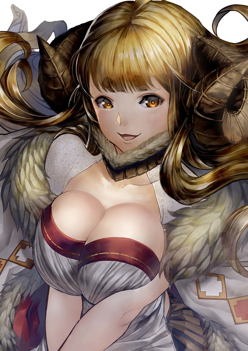 :d anila_(granblue_fantasy) bangs blonde_hair blunt_bangs breast_squeeze breasts bright_pupils commentary_request curled_horns dress granblue_fantasy highres horns large_breasts long_hair looking_at_viewer open_mouth orange_eyes shimashima_(simasima_23) short_eyebrows smile solo thick_eyebrows upper_body v_arms white_dress