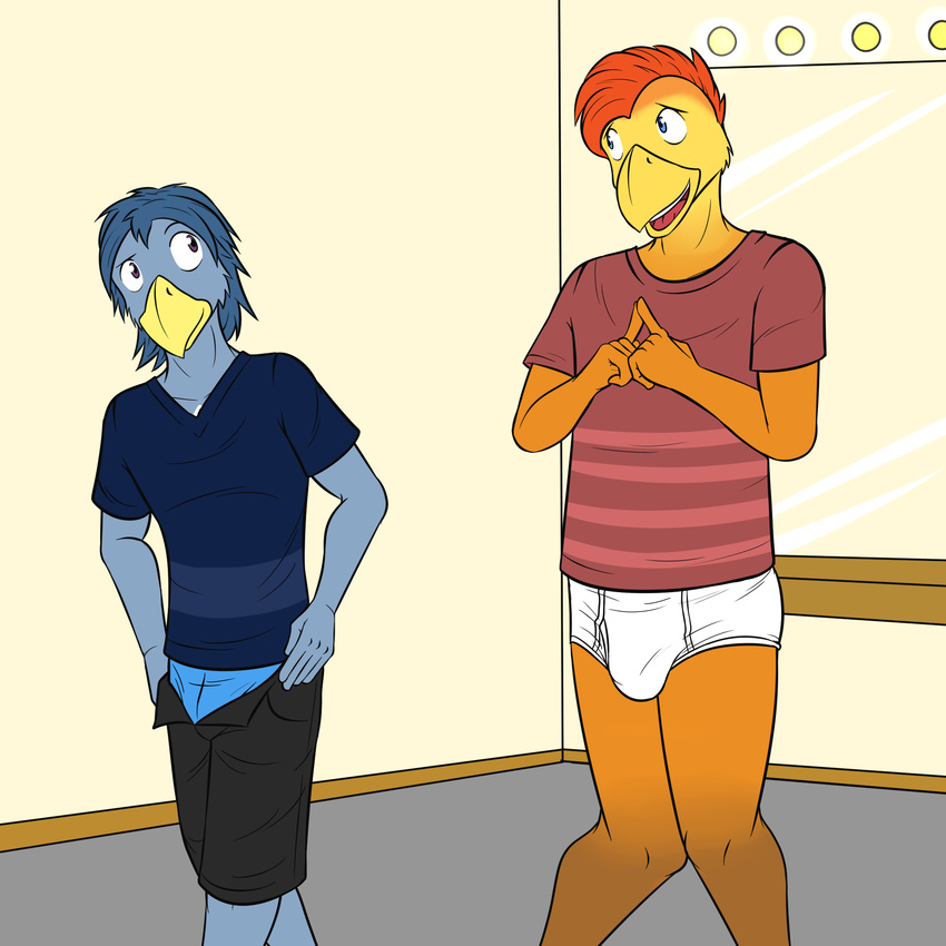 avian bird blubird blue_shirt blue_underwear brief bulge chicken clothing duo fuze inside johnny_(fuze) josh_oliver maroon_shirt striped_shirt texnatsu tighty_whities underwear undressing white_underwear