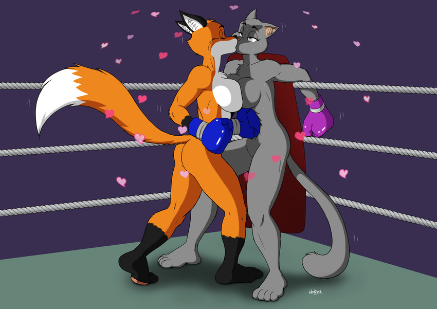 &lt;3 anthro athletic black_nose boxing boxing_gloves breast_squish breasts breasts_frottage butt canine cat chest_tuft dipstick_tail drawing-4ever duo emily_cat_(character) eyebrows eyelashes eyes_closed feline female female/female fight fighting_ring fox french_kissing fur green_eyes grey_fur gutpunch half-closed_eyes hi_res inner_ear_fluff interspecies kissing mammal motion_lines multicolored_fur multicolored_tail nude orange_fur pink_nose punch punching romantic_couple ruby_vixen_(character) signature sport sweat toes tuft wendel2