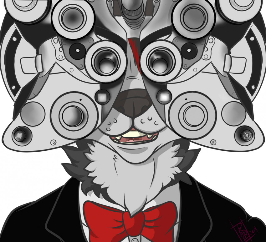 2014 album_cover anthro bow_tie canine clothed clothing cover digital_drawing_(artwork) digital_media_(artwork) draaz fur grey_fur hair justin_timberlake kuhori mammal multicolored_hair open_mouth open_smile phoropter signature simple_background smile the_20/20_experience tuxedo two_tone_hair white_background wolf