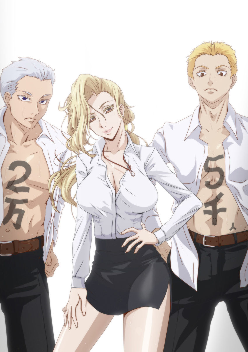 1girl 2boys anime_coloring ballroom_e_youkoso blonde_hair blouson_chiemi body_writing breasts brown_eyes character_request cleavage commentary_request dress_shirt highres hyoudou_marisa jewelry kyabakurabakufu large_breasts lips long_hair mole mole_under_mouth multiple_boys necklace open_clothes open_shirt parody sengoku_kaname shirt side_slit translation_request white_background white_shirt