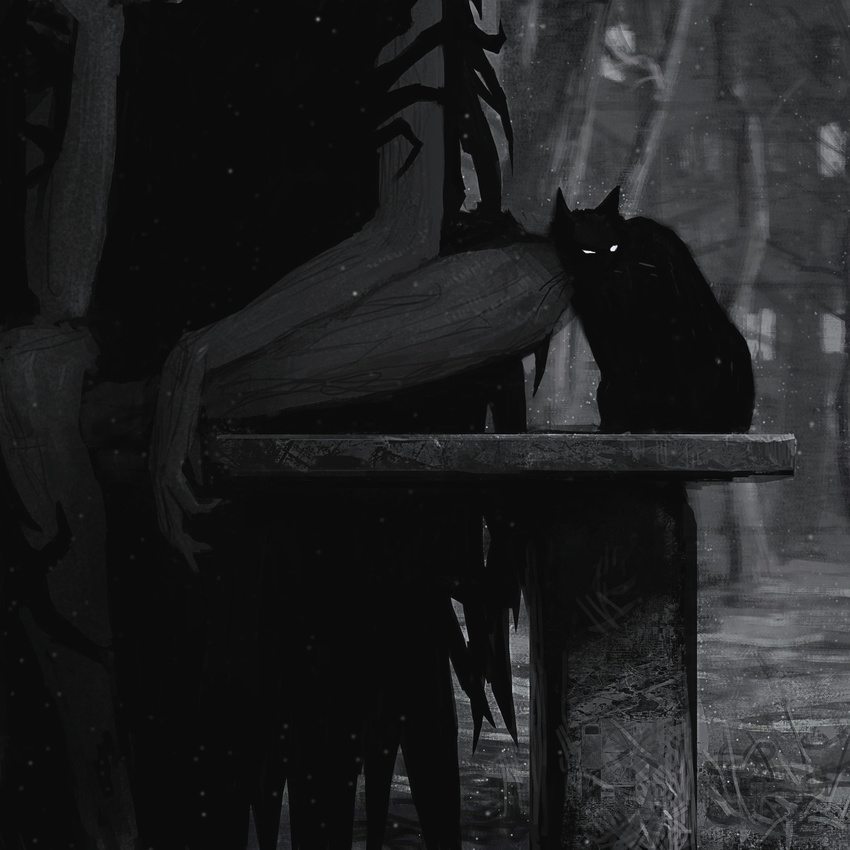 ambiguous_gender bench black_fur building cat cloak clothing detailed_background domestic_cat duo feline feral fur glowing glowing_eyes grass greyscale head_in_hand hi_res human humanoid leaning looking_back mammal monochrome nuzzling outside sitting snow snowing stargrave town tree