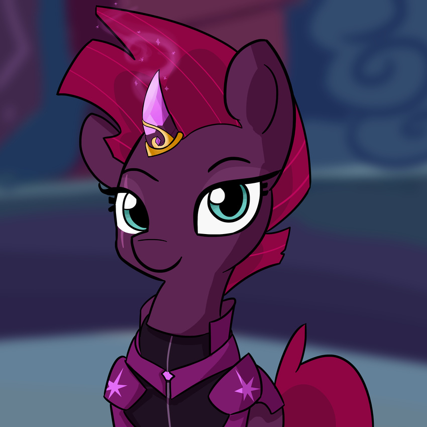 2018 armor blurred_background broken_horn bust_portrait crystals cute equine eye_scar eyebrows eyelashes female feral fizzlepop_berrytwist_(mlp) hair hi_res horn looking_at_viewer magic makeup mammal mascara my_little_pony my_little_pony_the_movie pink_hair portrait prosthetic scar short_hair smile solo teal_eyes tempest_shadow_(mlp) tjpones unicorn