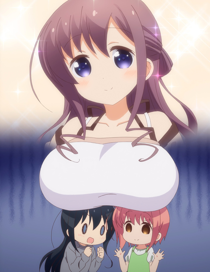 3girls blue_eyes blush breasts brown_hair hannen_hiroe ichinose_hana kyouzuka_shion large_breasts multiple_girls slow_start smile