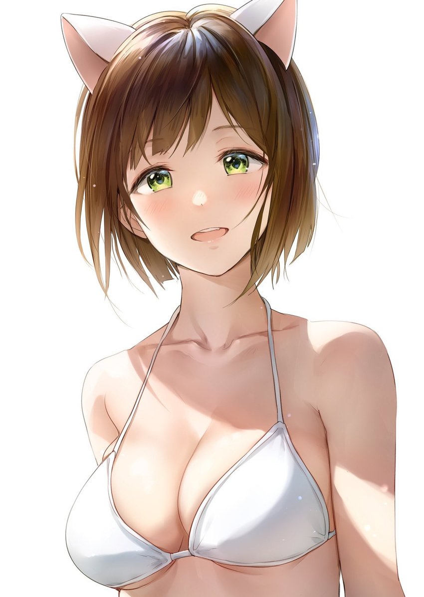 animal_ears backlighting bangs bare_shoulders bikini bloom blunt_ends blush breasts brown_hair cat_ears cat_girl cleavage collarbone commentary_request green_eyes highres idolmaster idolmaster_cinderella_girls lighting looking_at_viewer maekawa_miku medium_breasts open_mouth shiny shiny_hair short_hair simple_background smile solo string_bikini swept_bangs swimsuit takeashiro upper_body white_background white_bikini