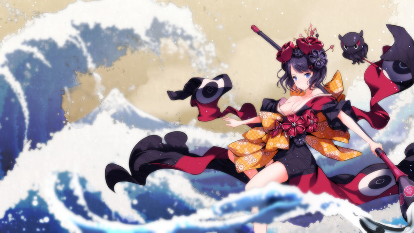 arms_ai bangs bare_legs bare_shoulders black_bow black_flower blurry blurry_background blush bow breasts calligraphy_brush checkered cleavage closed_mouth eyebrows_visible_through_hair fate/grand_order fate_(series) fine_art_parody floating flower hair_flower hair_ornament hair_stick highres holding_brush kanagawa_okinami_ura katsushika_hokusai_(fate/grand_order) leg_up looking_at_viewer medium_breasts nihonga obi octopus outstretched_arm paintbrush parody purple_hair red_flower sash short_hair short_sleeves solo standing standing_on_one_leg tokitarou_(fate/grand_order) ukiyo-e v-shaped_eyebrows water waves yellow_background