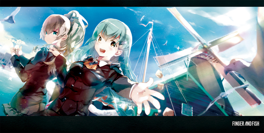 aqua_eyes aqua_hair bird blue_sky brown_eyes brown_hair brown_skirt day dutch_angle green_hair hair_ornament hairclip heco_(mama) highres kantai_collection kumano_(kantai_collection) long_hair looking_at_viewer multiple_girls outdoors ponytail school_uniform skirt sky suzuya_(kantai_collection)