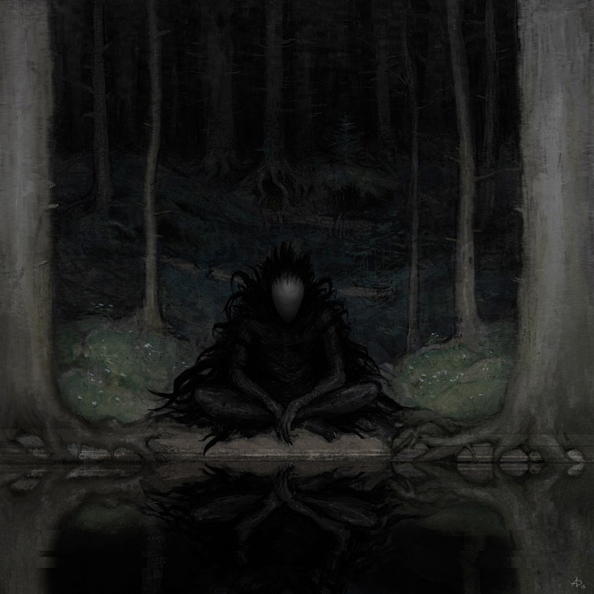 2015 ambiguous_gender black_body claws creepy dark_theme darkness dead_tree detailed_background faceless flower forest front_view grass humanoid lake log monster night nightmare_fuel not_furry nude plant reflection roots sitting solo stargrave tendrils tree waiting water wood