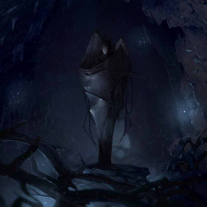 2015 ambiguous_gender animal_humanoid anthro bat_humanoid cave dark_theme detailed_background faceless folded_wings front_view hi_res humanoid mammal membranous_wings monster rock roots solo stargrave upside_down water_drops wings