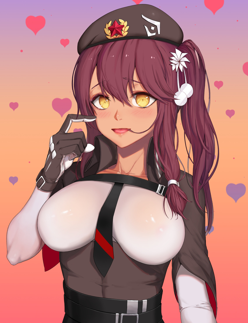 absurdres belt belt_buckle beret between_breasts blush breasts buckle chest_strap collarbone dark_skin eyebrows_visible_through_hair girls_frontline gloves gradient gradient_background greem_bang hair_between_eyes hair_in_mouth hair_ornament hat heart heart_background highres large_breasts long_hair looking_at_viewer one_side_up purple_hair red_star saiga-12_(girls_frontline) scratching_cheek solo upper_body yellow_eyes