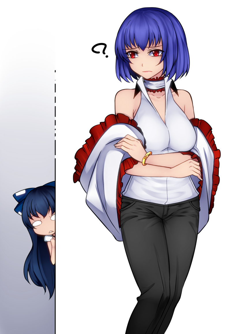 ? adapted_costume aoshima bare_shoulders black_pants blank_eyes blue_bow blue_hair bow bracelet breasts choker collarbone commentary_request crossed_arms eyebrows_visible_through_hair frilled_choker frills gradient gradient_background grey_background hair_bow highres jewelry large_breasts long_hair multiple_girls nagae_iku no_hat no_headwear pants red_eyes shawl shirt short_hair sleeveless sleeveless_shirt touhou white_background white_shirt yorigami_shion