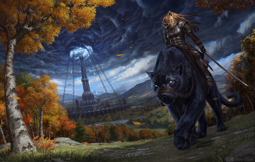 ambiguous_gender anthro armor black_fur caraid cheetah clothed clothing cloud detailed_background digital_media_(artwork) duo feline female feral fur grass green_eyes holding_object holding_weapon khajiit male mammal melee_weapon oblivion outside panther paws riding sky sword the_elder_scrolls tree video_games weapon whiskers yellow_fur