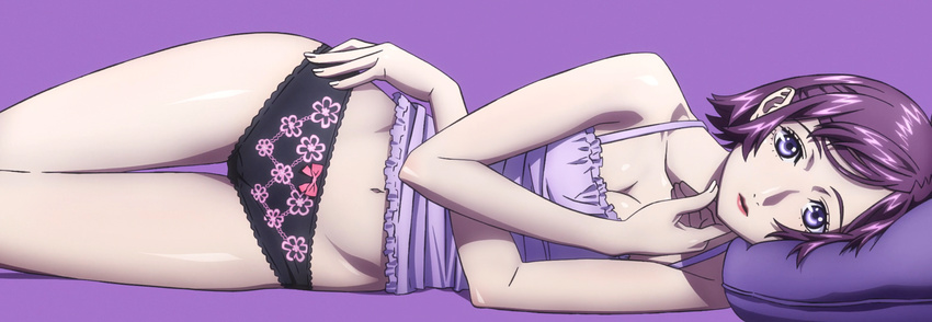 1girl absurdres alternate_eye_color alternate_hair_color black_panties bow bow_panties breasts camisole cleavage highres kokkoku lying navel on_side panties pillow purple purple_eyes purple_hair screencap short_hair solo stitched underwear yukawa_juri