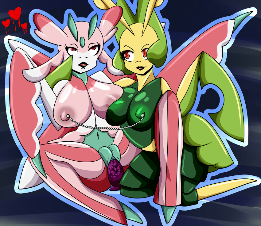 &lt;3 2016 abstract_background anthro anthrofied arthropod asymmetrical_docking breast_squish breasts breasts_frottage clitoris dildo dildo_sitting eye_roll female female/female flora_fauna fucked_silly green_areola green_body green_nipples humanoid kneeling leavanny lurantis nintendo nipple_chain nipple_piercing nipples nipples_touching open_mouth open_smile penetration piercing pink_areola pink_body pink_nipples plant pok&eacute;mon pok&eacute;mon_(species) pussy pussy_juice red_body red_eyes sex_toy sitting smile vaginal vaginal_penetration video_games wetfox white_body yellow_body