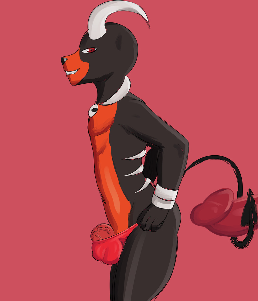 anthro barely_contained big_penis canine clothing disembodied_penis duo erection half-erect hi_res houndoom humanoid_penis kiddeathx_(artist) looking_at_viewer male mammal nintendo penis penis_base pok&eacute;mon pok&eacute;mon_(species) simple_background solo_focus swimming_trunks swimsuit vein veiny_penis video_games