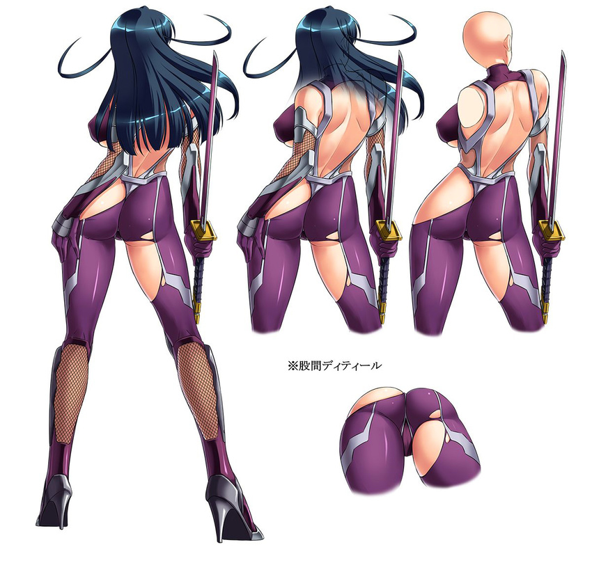 1girl areola_slip areolae ass back bangs bare_shoulders blue_hair bodysuit breasts broken_ground covered_collarbone elbow_gloves erect_nipples erect_nipples_under_clothes fishnets full_body gloves highres holding holding_sword holding_weapon igawa_asagi kagami_hirotaka katana large_breasts lilith-soft long_hair looking_at_viewer navel official_art parted_lips purple_bodysuit purple_gloves reverse_grip shiny shiny_hair simple_background sleeveless smile standing sword taimanin_(series) taimanin_asagi thighhighs torn_bodysuit torn_clothes turtleneck weapon white_background