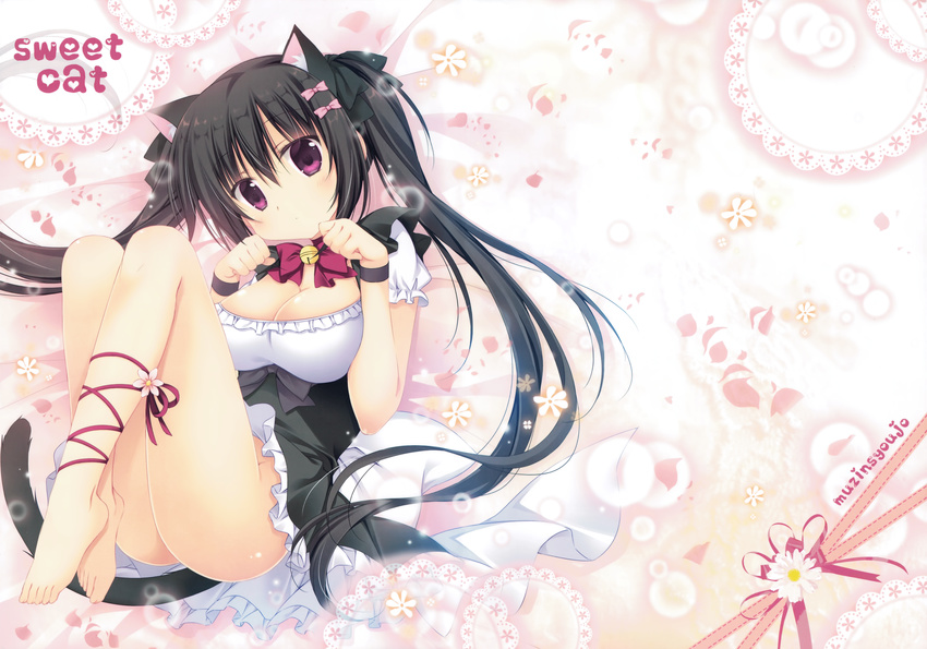 absurdres animal_ears bangs bare_legs barefoot black_dress black_hair black_ribbon blush bow bowtie breasts cat_ears cat_girl cat_tail cleavage closed_mouth doily dress eyebrows_visible_through_hair frilled_dress frills hair_between_eyes hair_ribbon head_tilt highres huge_filesize jewelry korie_riko large_breasts leg_ribbon long_hair looking_at_viewer no_panties original petals purple_eyes purple_neckwear purple_ribbon ribbon scan solo tail toenails twintails very_long_hair white_bow