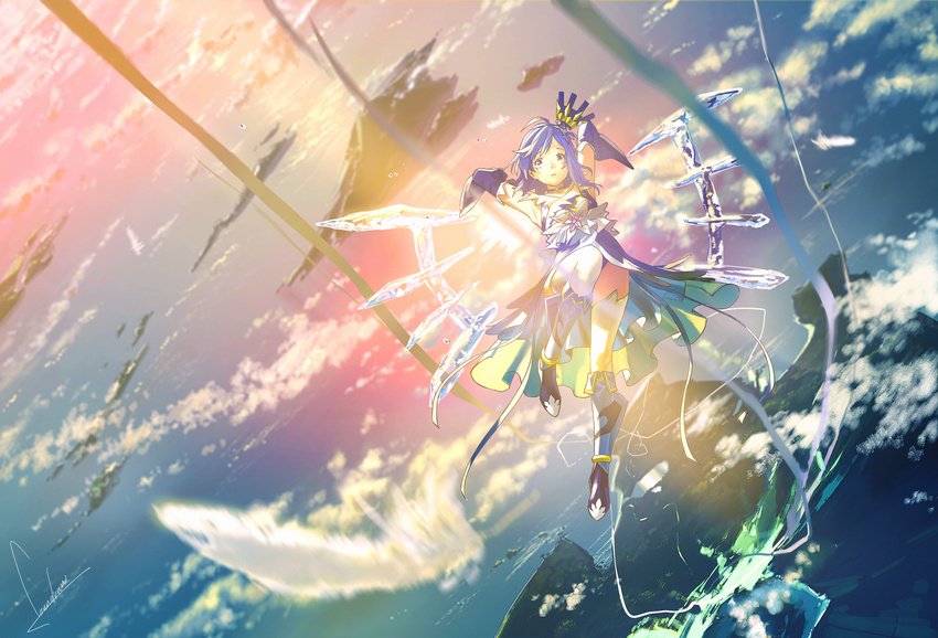 above_clouds armpits blue_dress blue_footwear blue_gloves blue_hair boots closed_mouth commentary_request convenient_leg dress elbow_gloves flying gloves hands_up headgear highres ice knee_boots knee_up looking_at_viewer lostorage_wixoss loundraw outdoors piruluk_(lostorage_wixoss) short_hair solo thighhighs white_legwear wings wixoss