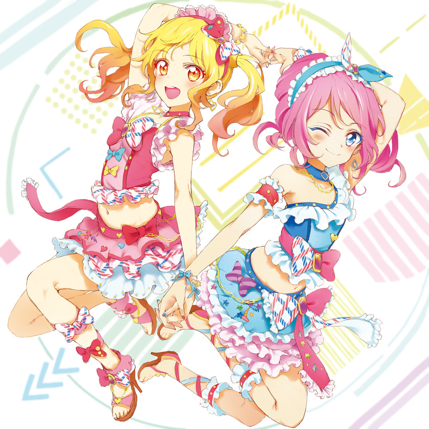 :d ;) aikatsu!_(series) aikatsu_stars! bare_shoulders blonde_hair blue_eyes blush bow bracelet brown_eyes closed_mouth commentary_request crop_top drill_hair earrings eyebrows_visible_through_hair frills gradient_hair hair_bow hairband high_heels highres holding_hands idol interlocked_fingers jewelry long_hair looking_at_viewer midriff multicolored_hair multiple_girls nail_polish navel nghrstst nijino_yume one_eye_closed open_mouth pink_hair sakuraba_rola sleeveless smile twintails