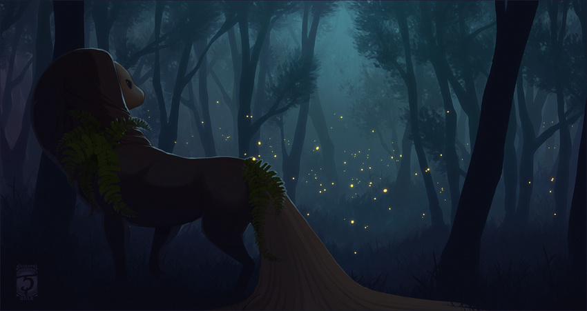2018 ambiguous_gender digital_media_(artwork) esk_(species) feral forest grass night outside shinerai solo standing tree
