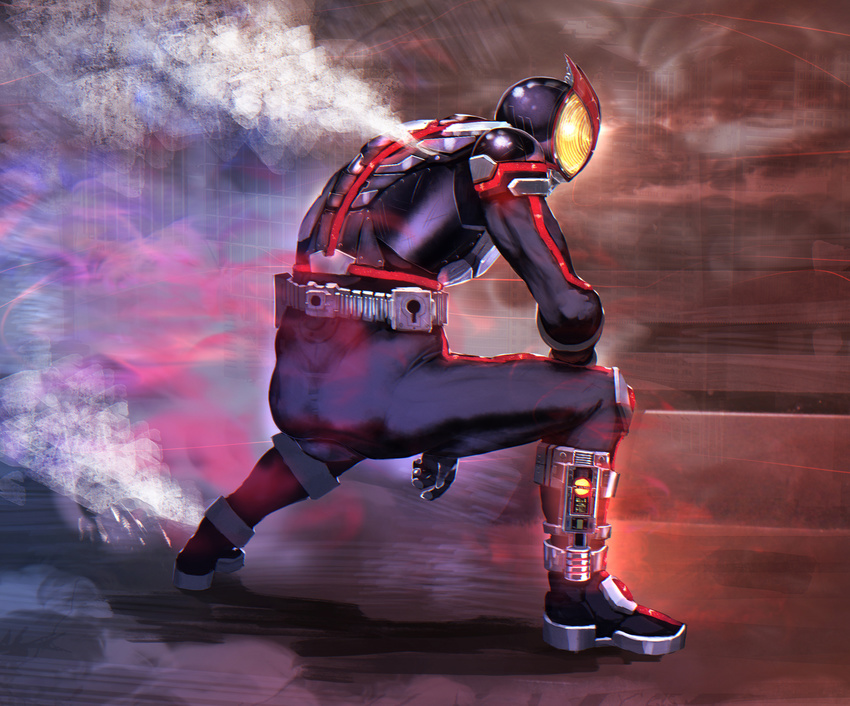 arm_on_knee armor belt black_bodysuit bodysuit boots commentary_request from_behind full_body glowing glowing_eyes helmet highres inui_takumi kamen_rider kamen_rider_555 kamen_rider_faiz kikimifukuri male_focus pauldrons power_armor science_fiction solo squatting steam tokusatsu