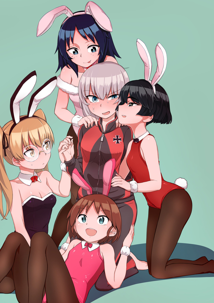 :d :p absurdres animal_ears aomushi_(mushamusha) black_eyes black_hair black_leotard blush bow bowtie breasts brown_hair brown_legwear bunny_ears bunny_girl bunny_tail bunnysuit cleavage commentary_request detached_collar fake_animal_ears freckles girls_und_panzer glasses hands_on_another's_shoulders harem highres itsumi_erika leotard long_hair multiple_girls oono_aya open_mouth pantyhose sakaguchi_karina short_hair small_breasts smile strapless strapless_leotard tail tongue tongue_out utsugi_yuuki wrist_cuffs yamagou_ayumi yuri