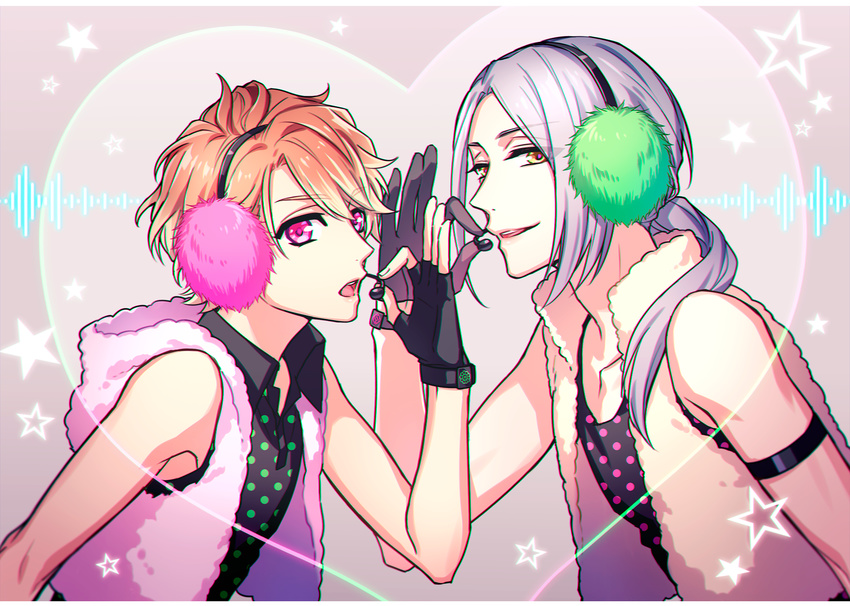 a3! blonde_hair chigasaki_itaru collarbone cropped_vest earmuffs fingerless_gloves gloves grey_background happy_synthesizer_(vocaloid) headset heart highres hood long_hair looking_at_viewer male_focus multiple_boys open_mouth parted_lips pink_eyes smile star upper_body yabapi yellow_eyes yukishiro_azuma