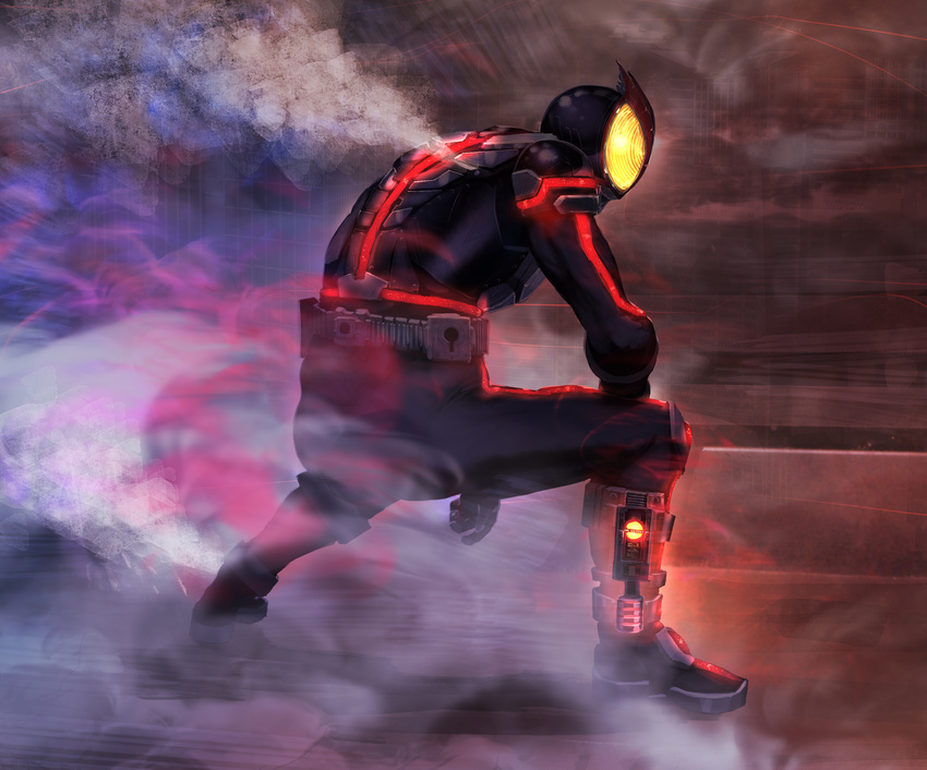 absurdres arm_on_knee armor belt black_bodysuit bodysuit boots commentary_request from_behind full_body glowing glowing_eyes helmet highres inui_takumi kamen_rider kamen_rider_555 kamen_rider_faiz kikimifukuri male_focus pauldrons power_armor science_fiction solo squatting steam tokusatsu