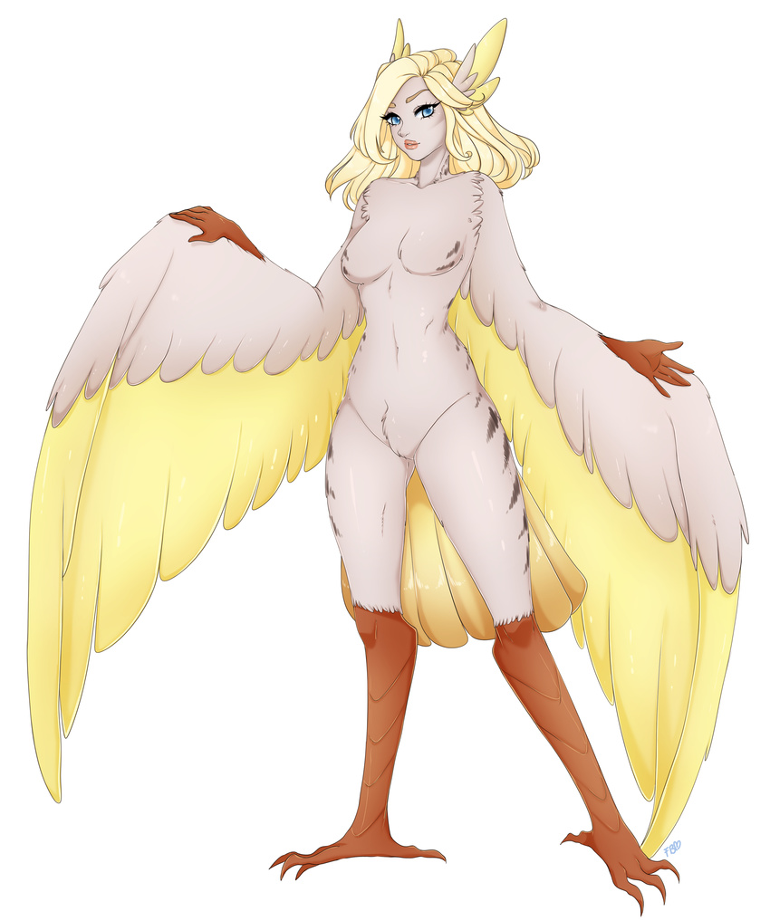 absurd_res animal_humanoid anisodactyl anthro avian avian_humanoid blonde_hair blue_eyes breasts claws feathered_wings feathers female fernybee fingers hair harpy hi_res humanoid looking_at_viewer mercy_(overwatch) nude overwatch simple_background solo standing tail_feathers talons video_games white_background wings
