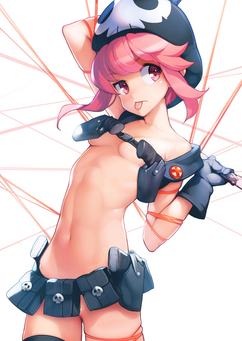 ataruman blush breasts collarbone commentary eyebrows_visible_through_hair gloves gun hat highres jakuzure_nonon kill_la_kill knife life_fiber looking_at_viewer midriff navel nudist_beach_uniform pink_eyes pink_hair simple_background small_breasts solo standing string tongue tongue_out weapon white_background