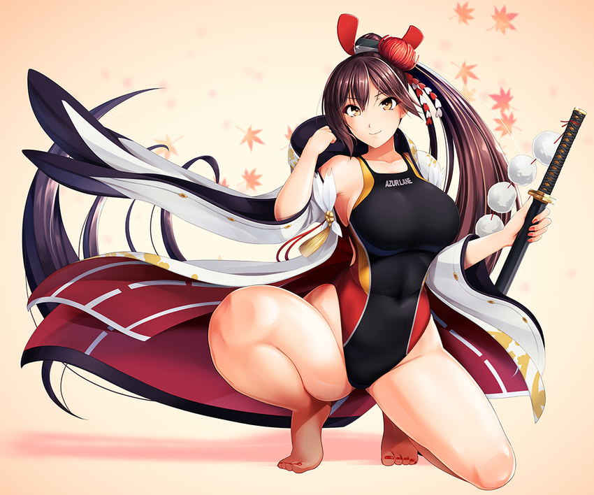 8000 azur_lane bangs breasts brown_hair cleavage closed_mouth coat collarbone commentary_request competition_swimsuit eyebrows_visible_through_hair full_body gradient gradient_background hair_bun hair_ornament hair_ribbon large_breasts long_hair looking_at_viewer one-piece_swimsuit open_clothes open_coat red_ribbon ribbon shiny shiny_hair solo squatting standing swept_bangs swimsuit sword weapon white_coat yellow_eyes zuikaku_(azur_lane)