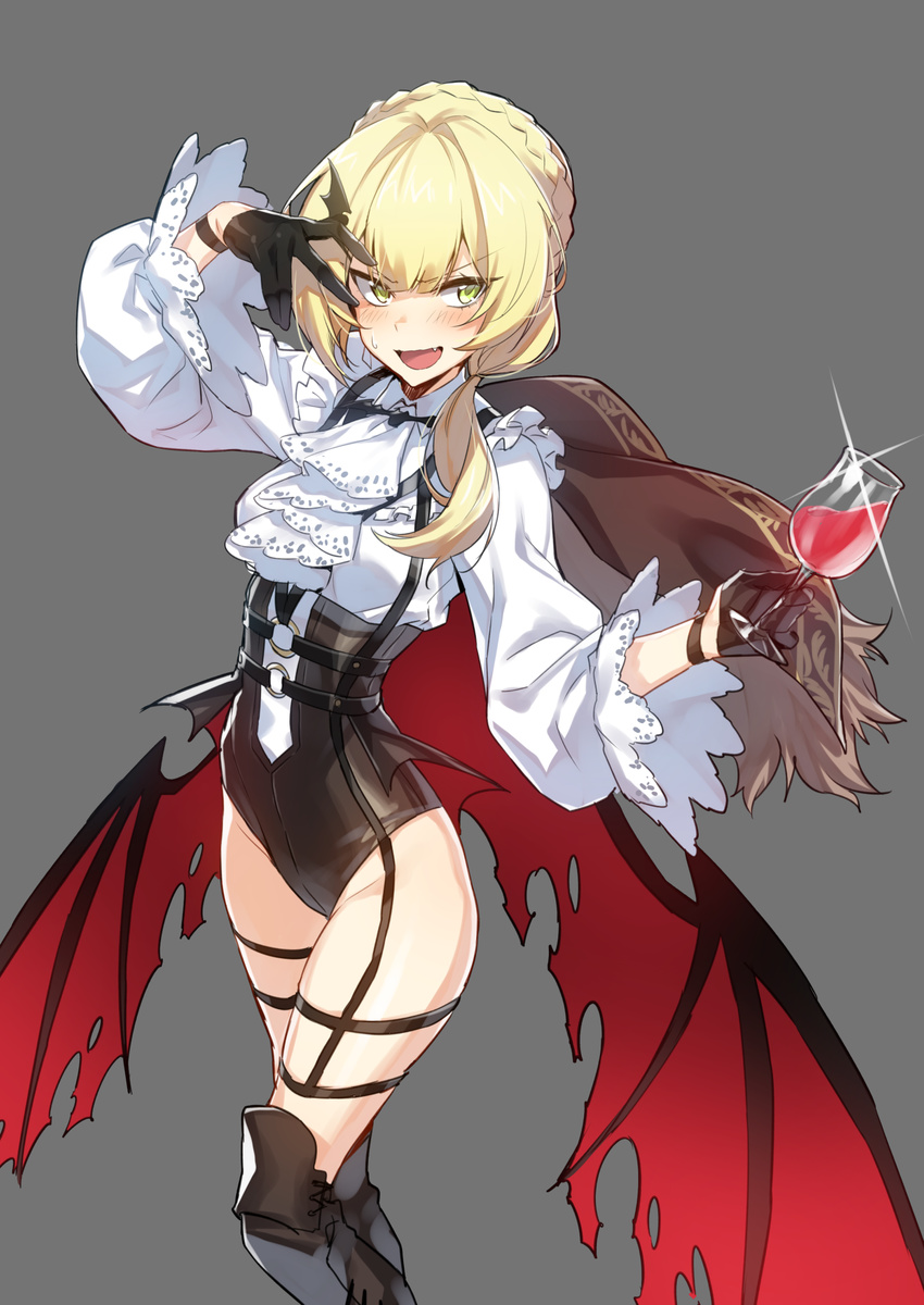 alcohol alternate_costume alternate_hairstyle black_gloves blonde_hair boots braid cape cravat cup demon_wings drinking_glass eyebrows_visible_through_hair fang frilled_sleeves frills garter_straps girls_frontline gloves green_eyes grey_background halloween_costume hand_over_eye highres holding holding_cup knee_boots leotard long_hair long_sleeves looking_at_viewer low_ponytail o-ring simple_background solo supernew sweat thigh_strap underbust vampire vampire_costume welrod_mk2_(girls_frontline) wine wine_glass wings wristband