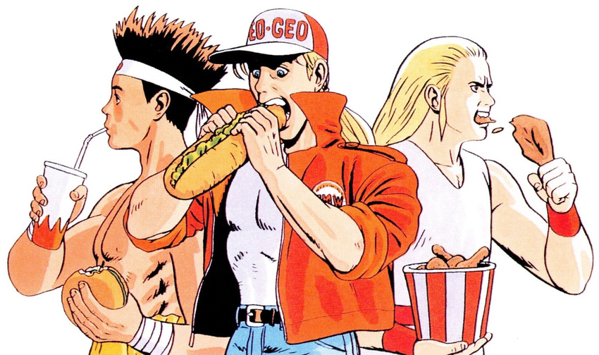 90s andy_bogard baseball_cap black_hair blonde_hair bucket bucket_of_chicken chicken_(food) cup denim disposable_cup drink drinking_straw eating fatal_fury food food_in_mouth fried_chicken hamburger hat headband highres holding holding_food jacket jeans joe_higashi long_hair looking_away male_focus mori_toshiaki multiple_boys neo_geo ninja official_art oldschool open_clothes open_jacket open_mouth orange_jacket pants ponytail popped_collar sandwich shirt shirtless simple_background sleeveless sleeveless_shirt sleeves_rolled_up spiked_hair submarine_sandwich terry_bogard toned toned_male upper_body white_background white_shirt wrist_wrap wristband