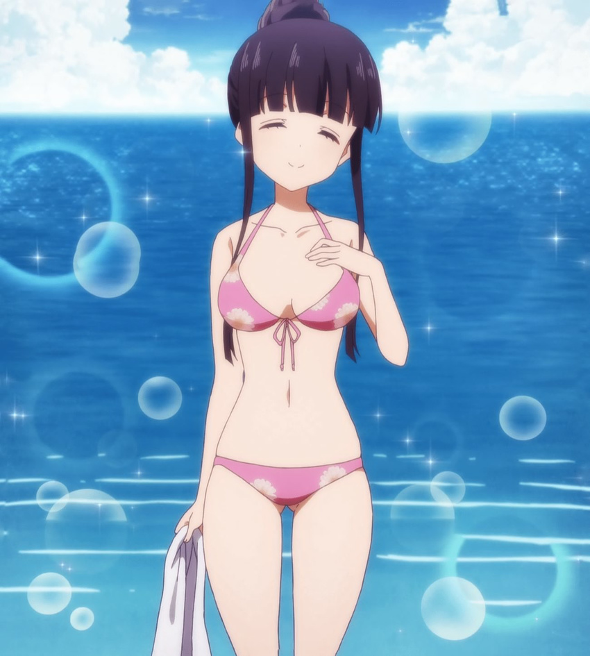 1girl bikini blend_s cloud eyes_closed maroon_hair ocean sakuranomiya_maika screencap sky