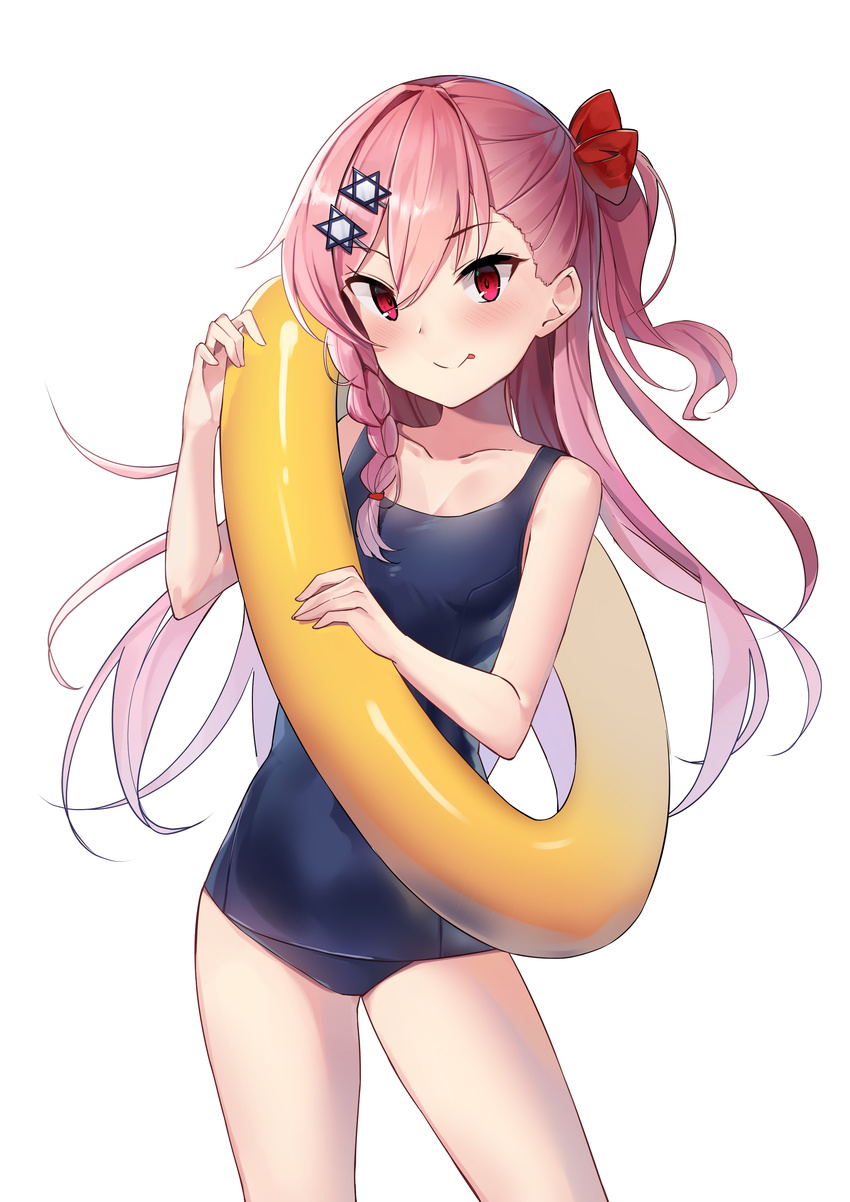 :p absurdres bada_(jksh5056) bangs bare_legs bare_shoulders blue_swimsuit blush bow braid closed_mouth collarbone commentary_request eyebrows_visible_through_hair girls_frontline hair_between_eyes hair_bow hair_ornament hairclip highres holding holding_innertube innertube long_hair looking_at_viewer negev_(girls_frontline) one-piece_swimsuit one_side_up pink_hair red_bow red_eyes school_swimsuit simple_background smile solo swimsuit tongue tongue_out very_long_hair white_background yellow_innertube