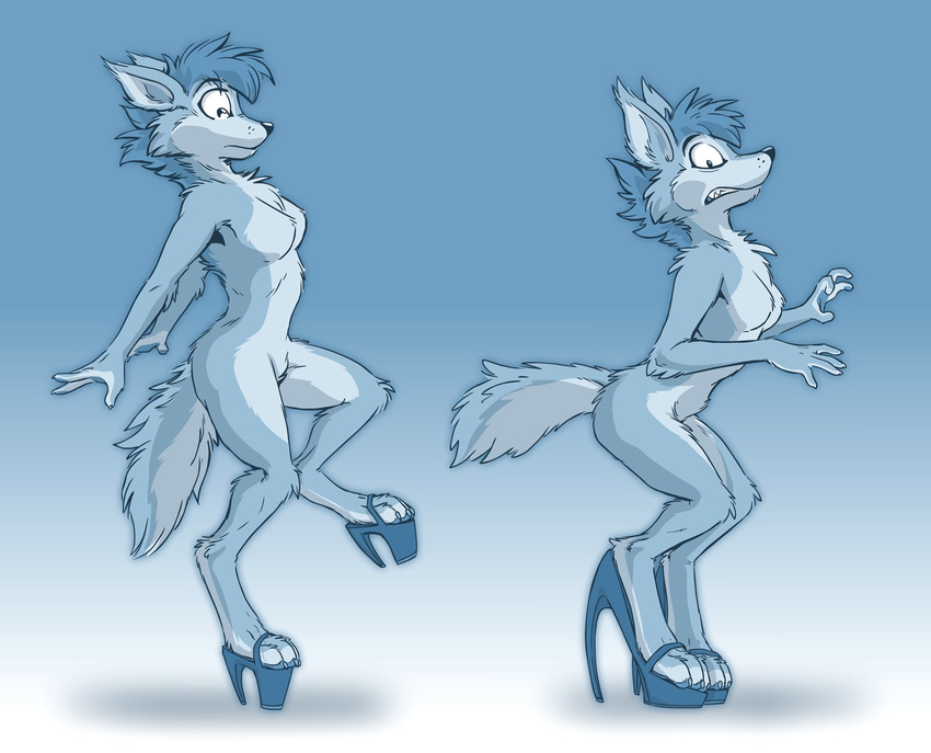 4_fingers 4_toes anthro blue_eyes blue_fur blue_hair breasts canine clothing digitigrade featureless_breasts female footwear fur hair mammal shoes solo standing tirrel toes