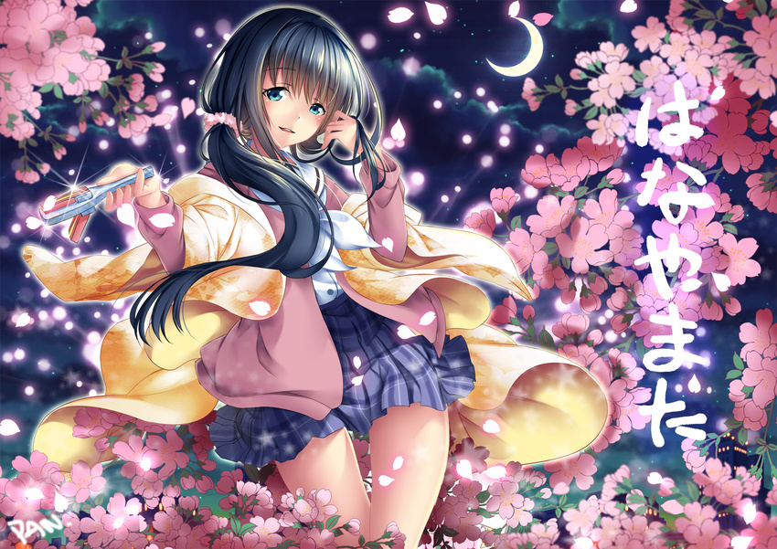 ashi_kosugi blue_eyes blue_hair building cherry_blossoms flowers hanayamata japanese_clothes long_hair moon night nishimikado_tami ponytail seifuku signed skirt sky stars